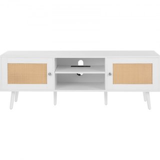 Soporte de TV de ratán para TV de 65 pulgadas, soporte de TV boho con puerta de ratán, centro de entretenimiento con enchufe incorporado y puertos USB, consola de TV moderna para sala de estar, sa...