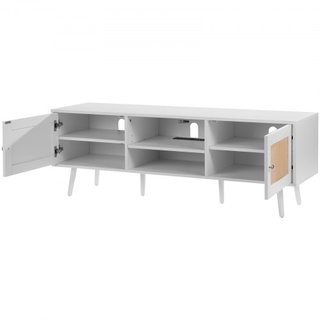 Soporte de TV de ratán para TV de 65 pulgadas, soporte de TV boho con puerta de ratán, centro de entretenimiento con enchufe incorporado y puertos USB, consola de TV moderna para sala de estar, sa...