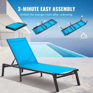 Sillón Chaise Lounge Exterior, Sillón de Patio de Aluminio con Ajuste de 5 Posiciones, Sillón Reclinable Plegable para la Piscina y Sillón de Tanning Plano Completo para Patio, Playa, Piscina, Azul
