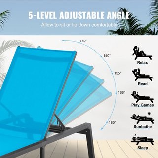 Sillón Chaise Lounge Exterior, Sillón de Patio de Aluminio con Ajuste de 5 Posiciones, Sillón Reclinable Plegable para la Piscina y Sillón de Tanning Plano Completo para Patio, Playa, Piscina, Azul