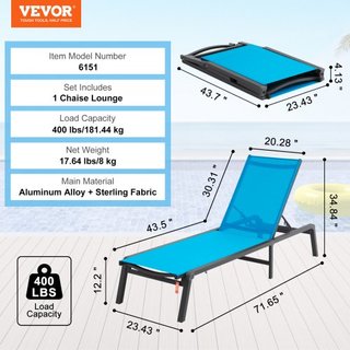 Sillón Chaise Lounge Exterior, Sillón de Patio de Aluminio con Ajuste de 5 Posiciones, Sillón Reclinable Plegable para la Piscina y Sillón de Tanning Plano Completo para Patio, Playa, Piscina, Azul