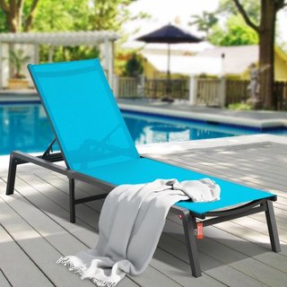 Sillón Chaise Lounge Exterior, Sillón de Patio de Aluminio con Ajuste de 5 Posiciones, Sillón Reclinable Plegable para la Piscina y Sillón de Tanning Plano Completo para Patio, Playa, Piscina, Azul