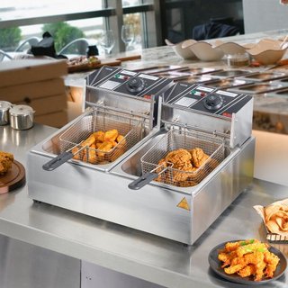 Freidora Eléctrica Comercial, Freidora de Encimera Eléctrica de Gran Capacidad de 24L con Doble Cesta Extraíble, Freidora Doble de Acero Inoxidable de 5000W para Cocina, Restaurante y Uso Comercia...