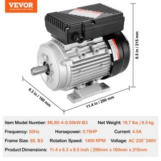 Motor Eléctrico de 0.55KW 1400 rpm, AC 220~240V 4.5A, 80, Marco B3, Motor de Compresor de Aire Monofásico, Eje Con Diente de 19mm, Rotación CW/CCW para Maquinaria Agrícola y Equipos Generales