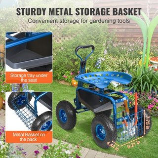 Carro de Jardín con Ruedas y Asiento Giratorio, Taburete de Jardinería para Plantar, Asiento Giratorio de 360 Grados, Scooter de Carro con Mango de Dirección y Bandeja de Herramientas, Uso para Pa...