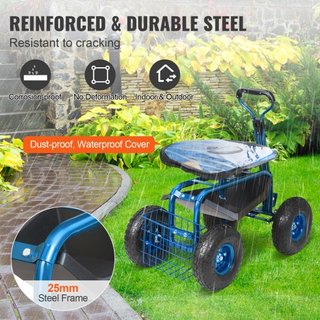 Carro de Jardín con Ruedas y Asiento Giratorio, Taburete de Jardinería para Plantar, Asiento Giratorio de 360 Grados, Scooter de Carro con Mango de Dirección y Bandeja de Herramientas, Uso para Pa...