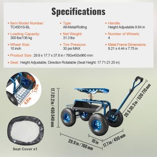 Carro de Jardín con Ruedas y Asiento Giratorio, Taburete de Jardinería para Plantar, Asiento Giratorio de 360 Grados, Scooter de Carro con Mango de Dirección y Bandeja de Herramientas, Uso para Pa...