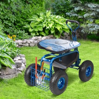Carro de Jardín con Ruedas y Asiento Giratorio, Taburete de Jardinería para Plantar, Asiento Giratorio de 360 Grados, Scooter de Carro con Mango de Dirección y Bandeja de Herramientas, Uso para Pa...