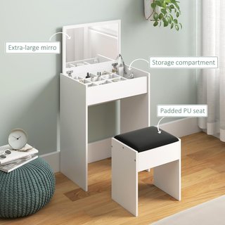 Estación de Maquillaje con Espejo Plegable, Tocador Moderno, con Taburete, Compartimento de Almacenamiento con 10 Compartimentos, MDF Blanco, 60.2 X 40.2 X 79Cm