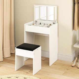 Estación de Maquillaje con Espejo Plegable, Tocador Moderno, con Taburete, Compartimento de Almacenamiento con 10 Compartimentos, MDF Blanco, 60.2 X 40.2 X 79Cm