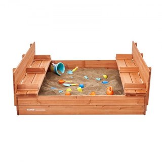 Caja de Arena de Madera, 52.4 x 47.2 x 16.9 in Caja de Arena, Pozo de Arena con Asientos de Banco Plegables y Forro Inferior, Caja de Arena de Madera Natural para Niños para Exterior, Jardín, Play...
