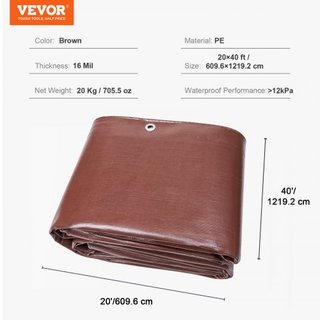 Tarp 609.6 x 1219.2 cm 0.41 mm Extra Grueso, Cubierta de Plástico Poliéster Impermeable, Lona Multiusos para Exterior con Ojetes y Bordes Reforzados para Camión, RV, Barco, Camping (Marrón)