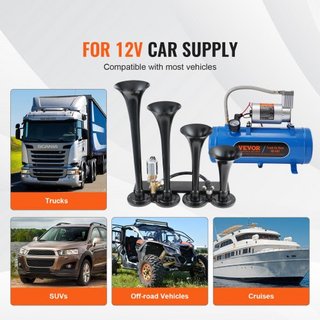 Kit di corni per treno, kit di corni ad aria con 4 trombe, corni per camion da 150 dB, compressore d'aria 12V 120 psi, serbatoio da 1,6 gal/6 L con manometro per qualsiasi veicolo...