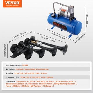 Kit di corni per treno, kit di corni ad aria con 4 trombe, corni per camion da 150 dB, compressore d'aria 12V 120 psi, serbatoio da 1,6 gal/6 L con manometro per qualsiasi veicolo...