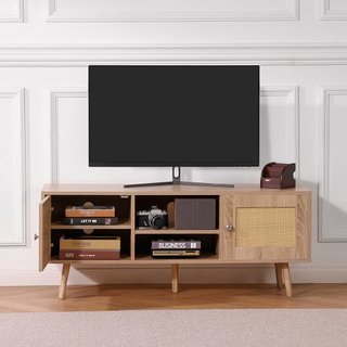 Soporte de TV de Rattan, Gabinete de TV Boho para TV de 55 pulgadas, Soporte de TV de estilo moderno de mediados de siglo, Consola de TV de Rattan con estantes ajustables para sala de estar, sala ...