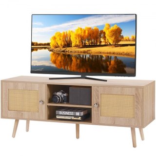Soporte de TV de Rattan, Gabinete de TV Boho para TV de 55 pulgadas, Soporte de TV de estilo moderno de mediados de siglo, Consola de TV de Rattan con estantes ajustables para sala de estar, sala ...
