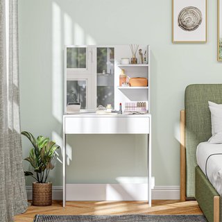 Tocador Elegante Con Amplio Cajón Organizativo, Estación de Maquillaje Con Espejo, 3 Estantes, Estación de Maquillaje para Dormitorio, Moderno, 75X40X137 Cm, Blanco