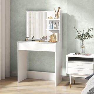 Tocador Elegante Con Amplio Cajón Organizativo, Estación de Maquillaje Con Espejo, 3 Estantes, Estación de Maquillaje para Dormitorio, Moderno, 75X40X137 Cm, Blanco