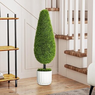 Set de 2 Plantas Artificiales para Interiores, Ciprés Falso, Macetas Ø12X16 Cm, Musgo y Cemento, Plantas Artificiales Realistas de 90 Cm en PE y Plástico, Verde y Blanco