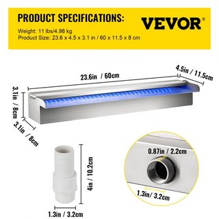 Fuente de piscina en cascada rectangular y luz LED 60 x 11.5 x 8 cm/23.6" X 4.5" X 3.1"