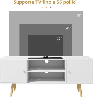Mueble TV 55" Max Con 2 Armarios Con Puertas Y 2 Estantes Abiertos, Consola TV De Madera Y Aglomerado, 120X34X50 Cm, Blanco