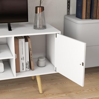 Mueble TV 55" Max Con 2 Armarios Con Puertas Y 2 Estantes Abiertos, Consola TV De Madera Y Aglomerado, 120X34X50 Cm, Blanco
