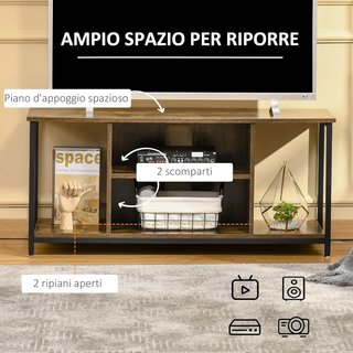 Mueble TV Moderno, Hasta 55'' Con Estantes Abiertos, Mueble De Salón Moderno, Bajo, Elegante, Estilo Industrial, Madera Y Acero, 110L X 40P X 50Acm, Marrón Rústico