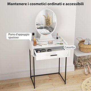Estación de Maquillaje con Espejo Ajustable, Taburete Acolchado y Cajón, Tocador de Maquillaje en MDF y Taburete con Cojín para Dormitorio, Blanco