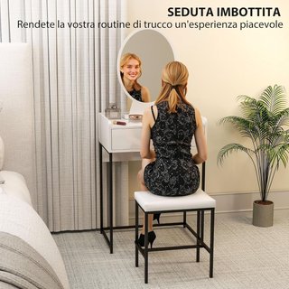 Estación de Maquillaje con Espejo Ajustable, Taburete Acolchado y Cajón, Tocador de Maquillaje en MDF y Taburete con Cojín para Dormitorio, Blanco