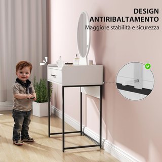 Estación de Maquillaje con Espejo Ajustable, Taburete Acolchado y Cajón, Tocador de Maquillaje en MDF y Taburete con Cojín para Dormitorio, Blanco