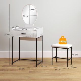 Estación de Maquillaje con Espejo Ajustable, Taburete Acolchado y Cajón, Tocador de Maquillaje en MDF y Taburete con Cojín para Dormitorio, Blanco