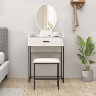 Estación de Maquillaje con Espejo Ajustable, Taburete Acolchado y Cajón, Tocador de Maquillaje en MDF y Taburete con Cojín para Dormitorio, Blanco