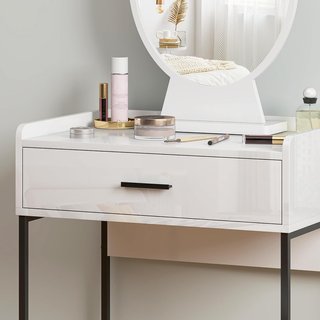 Estación de Maquillaje con Espejo Ajustable, Taburete Acolchado y Cajón, Tocador de Maquillaje en MDF y Taburete con Cojín para Dormitorio, Blanco