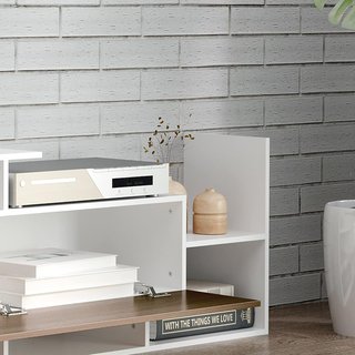 Mueble de TV con estante de pared, estantes abiertos y armario de madera, mueble de TV moderno para sala de estar y dormitorio, blanco y marrón