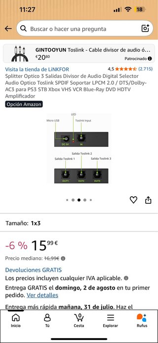Divisor Audio Digital Óptico Toslink 1x3