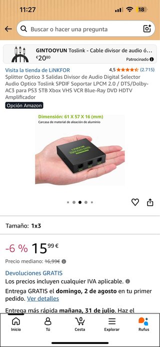 Divisor Audio Digital Óptico Toslink 1x3