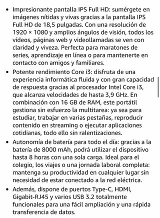 Portátil 18.5 16GB RAM 256GB SSD Full HD