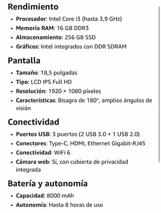 Portátil 18.5 16GB RAM 256GB SSD Full HD