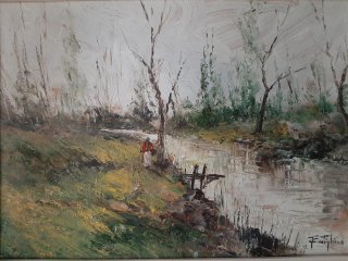 Oleo chica bosque río