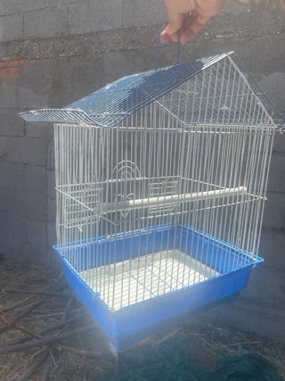 Jaula para pájaros plateada y azul