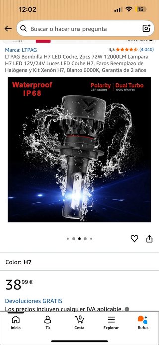 LTPAG Bombillas H7 LED Coche 2pcs 72W