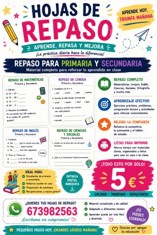 Fichas de repaso de primaria y secundaria!!