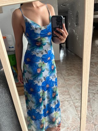 Vestido largo floral azul y verde