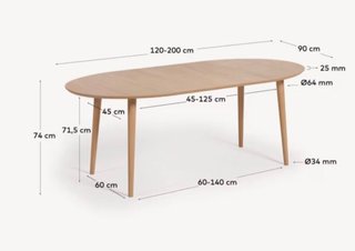 Mesa extensible oval Oqui chapa de roble y patas de madera maciza Ø 120 (200) x 90 cm