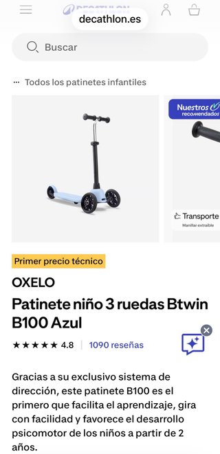 Patinete 3 Ruedas Btwin B100 Azul Niños