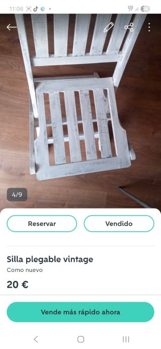 Silla plegable madera blanca, pintada estilo vinta