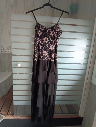 Vestido largo fiesta verde y rosa