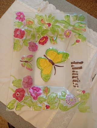 Centro Tavola Vetro Decorato Farfalla Fiori 44x33c