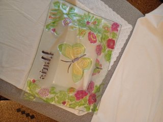 Centro Tavola Vetro Decorato Farfalla Fiori 44x33c