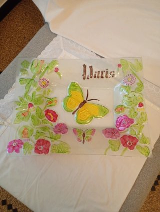 Centro Tavola Vetro Decorato Farfalla Fiori 44x33c